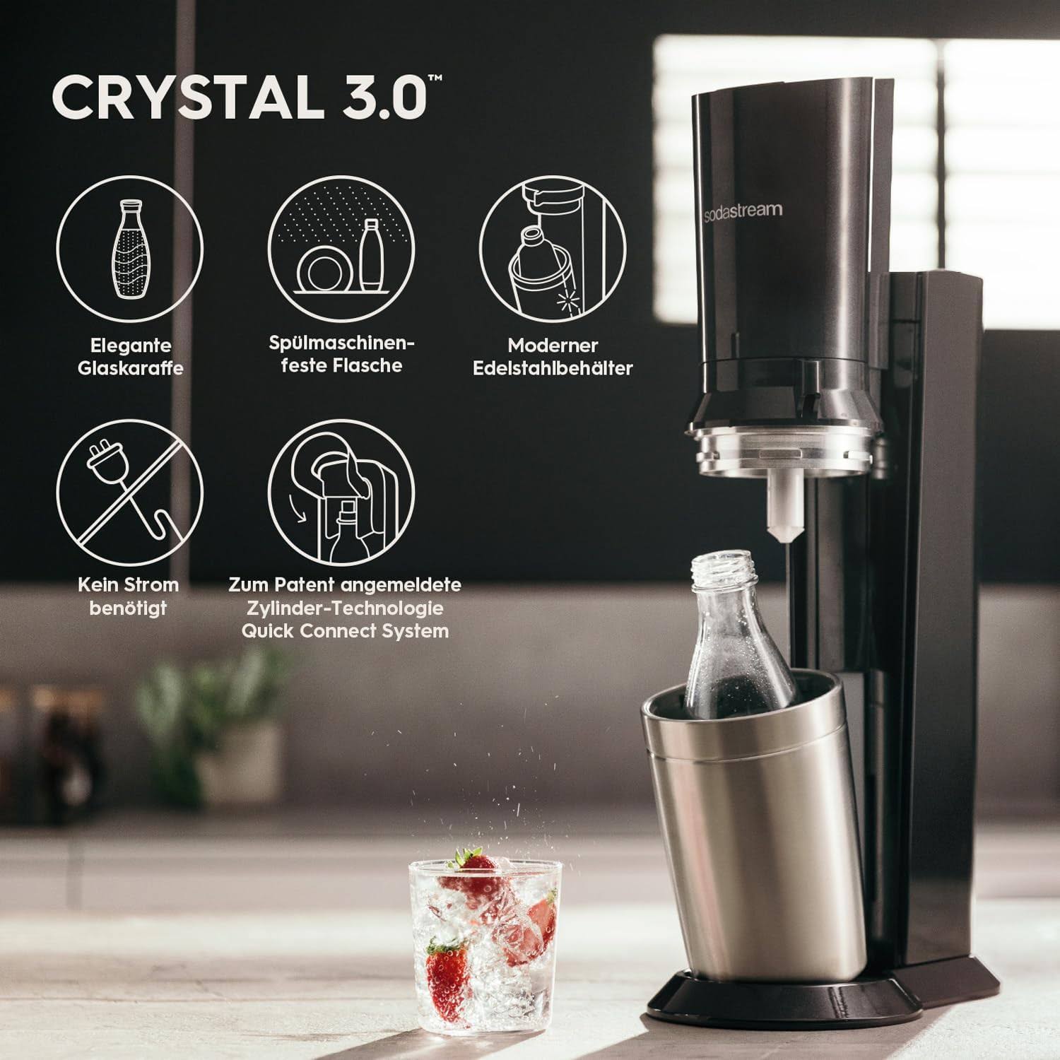 Wassersprudler Crystal 3.0 Quick-Connect CO2-Zylinder und 3x Glaskaraffen, Silber, Schwarz/Titan