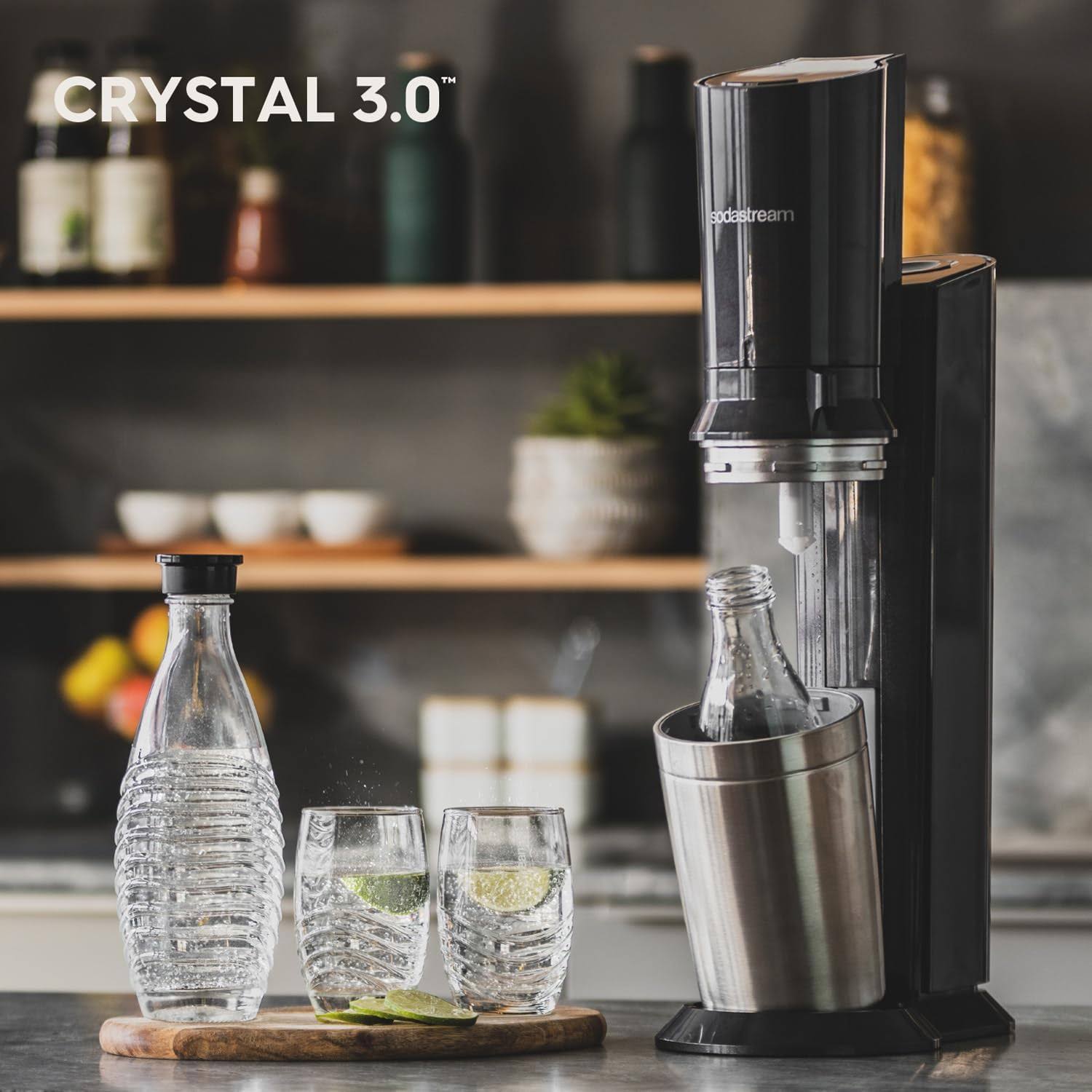 Wassersprudler Crystal 3.0 Quick-Connect CO2-Zylinder und 3x Glaskaraffen, Silber, Schwarz/Titan