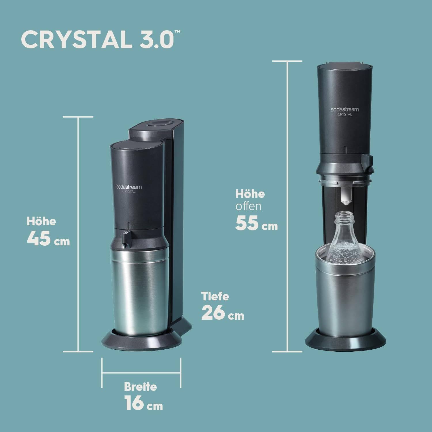 Wassersprudler Crystal 3.0 Quick-Connect CO2-Zylinder und 3x Glaskaraffen, Silber, Schwarz/Titan